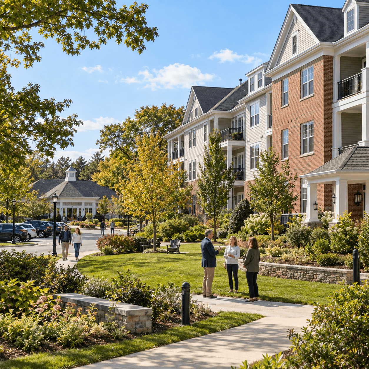 Neighbors talking on a landscaped lawn in a New England community association
