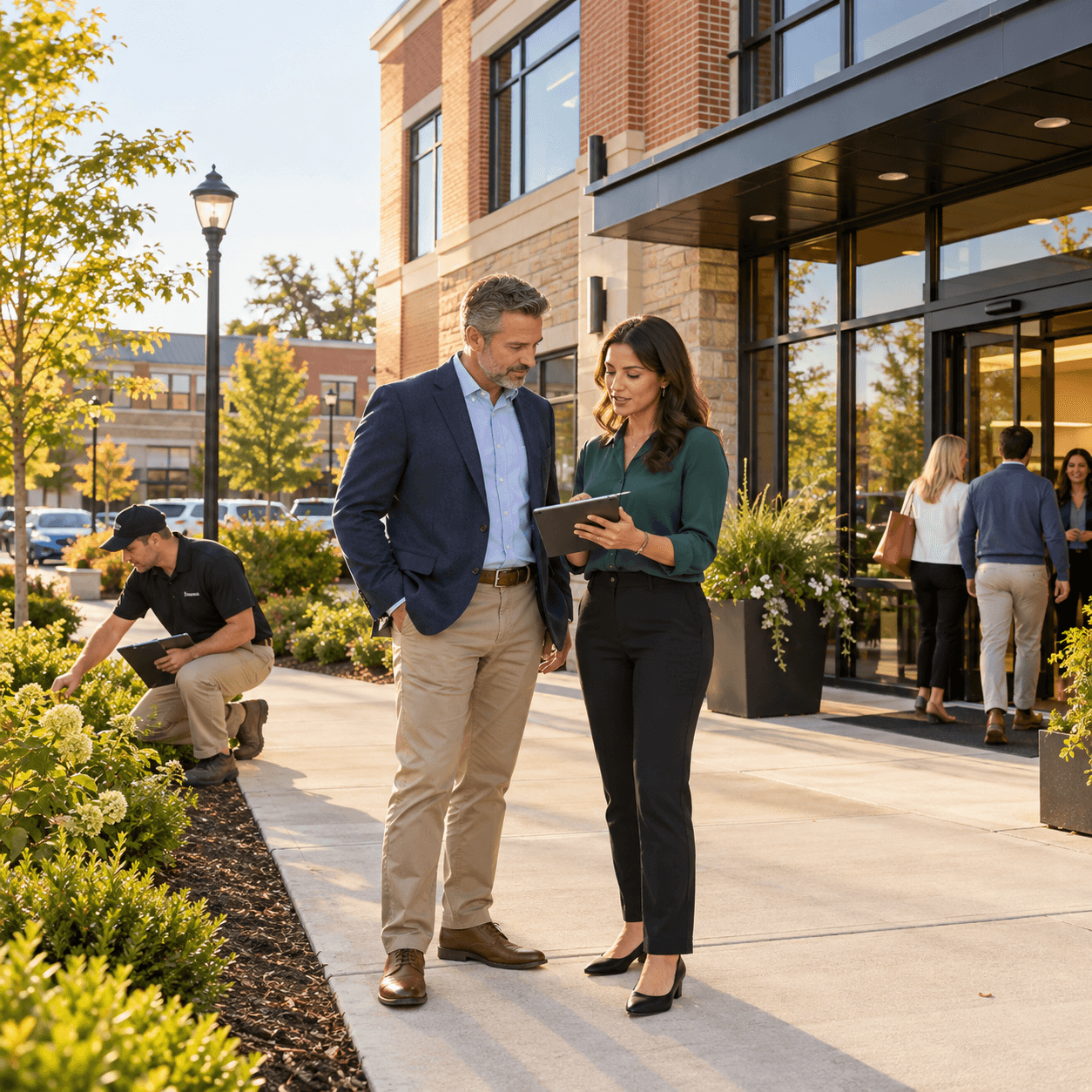 A property manager reviewing details with an owner while a technician inspects the grounds