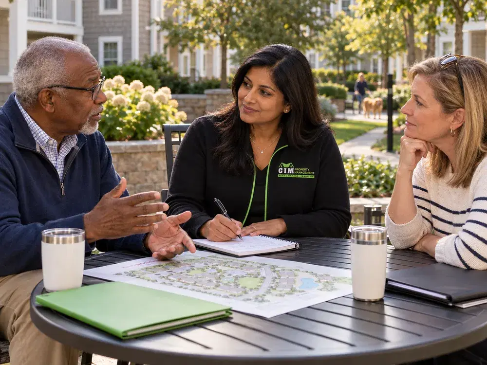 A GIM Property Management manager in conversation with condominium board members