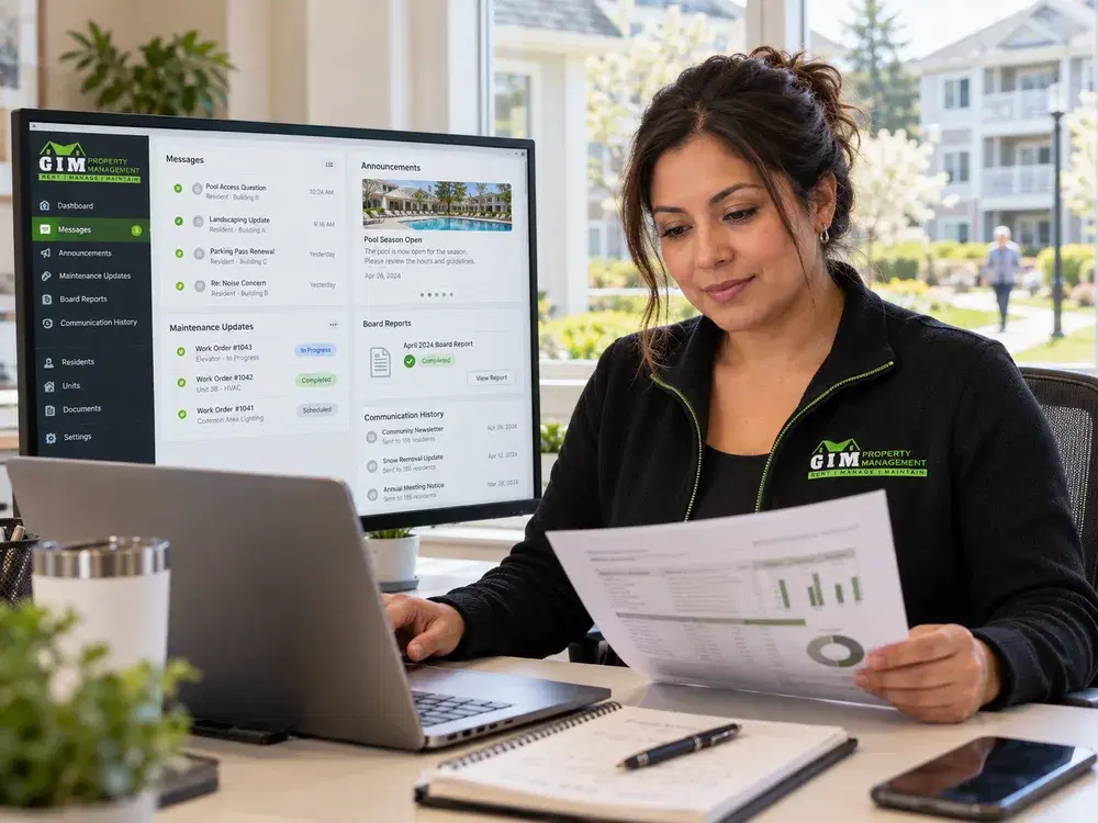 A GIM Property Management manager reviewing resident messages, maintenance updates, and board reports