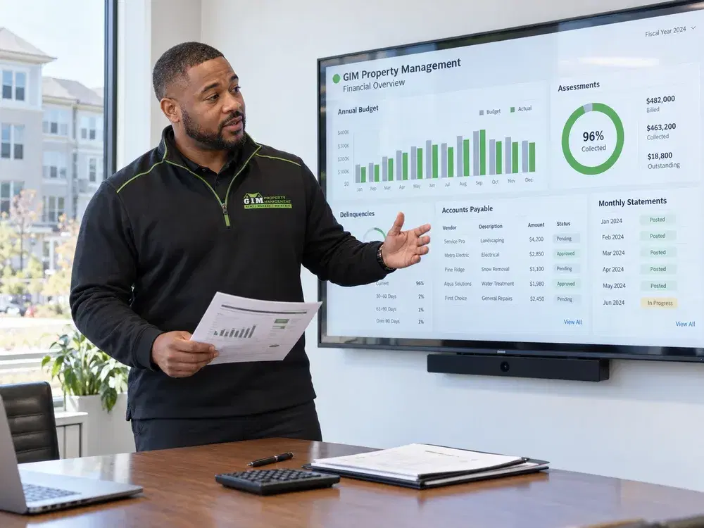 A GIM Property Management manager presenting an association financial overview