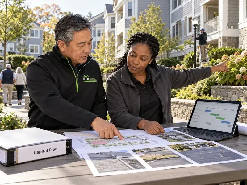 GIM Property Management reviewing project plans and proposals with a property representative