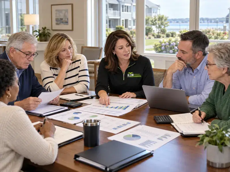 A GIM Property Management manager reviewing financial reports with an association board