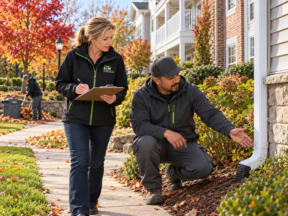 GIM Property Management team inspecting landscaping and downspouts during fall preparation