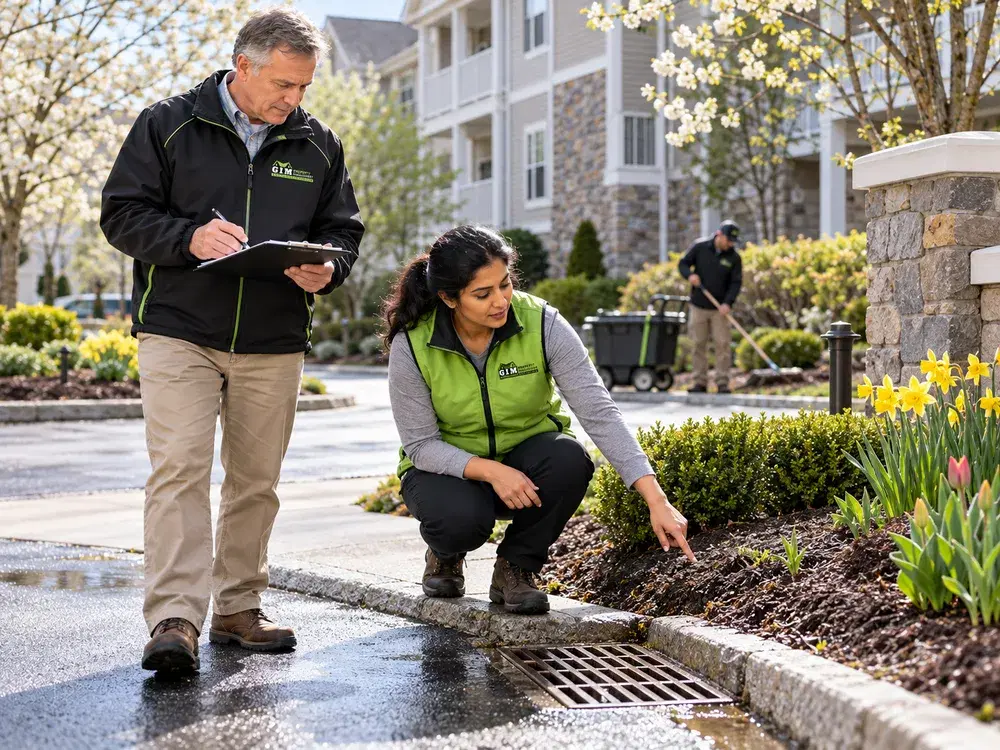 GIM Property Management team inspecting drainage and landscaping in spring