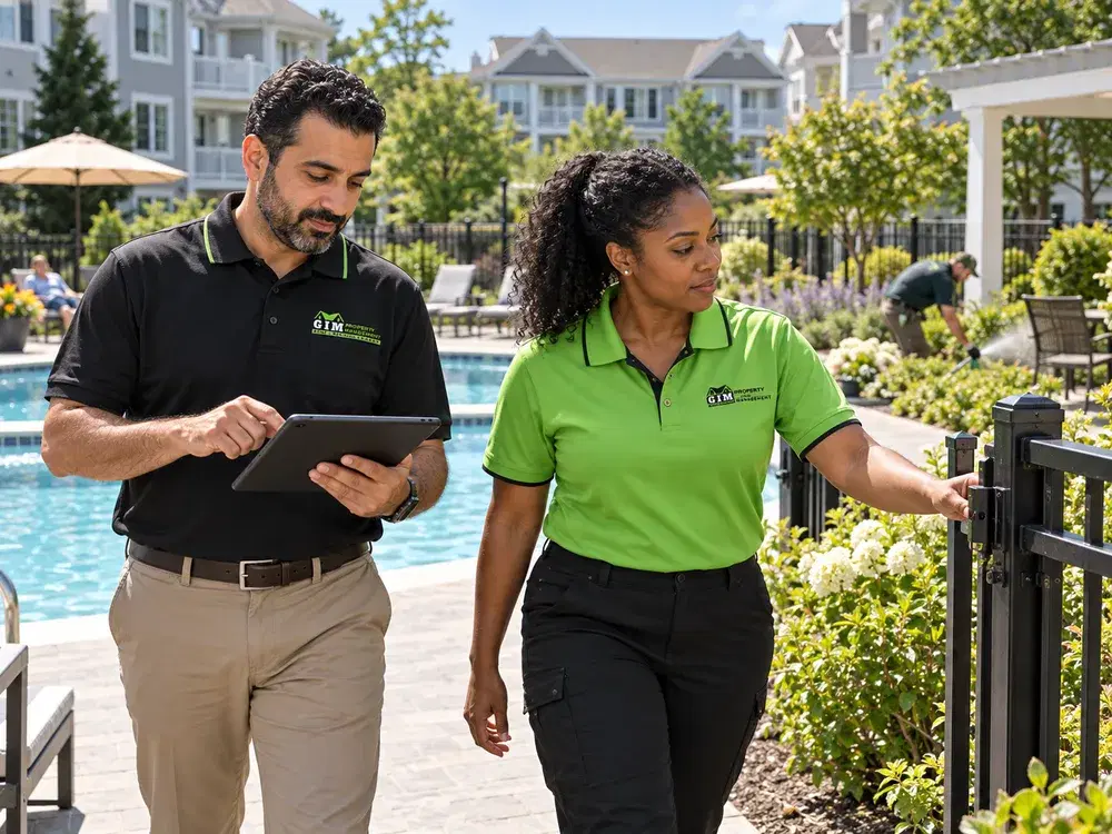 GIM Property Management representatives reviewing completed work at a well-maintained New England property