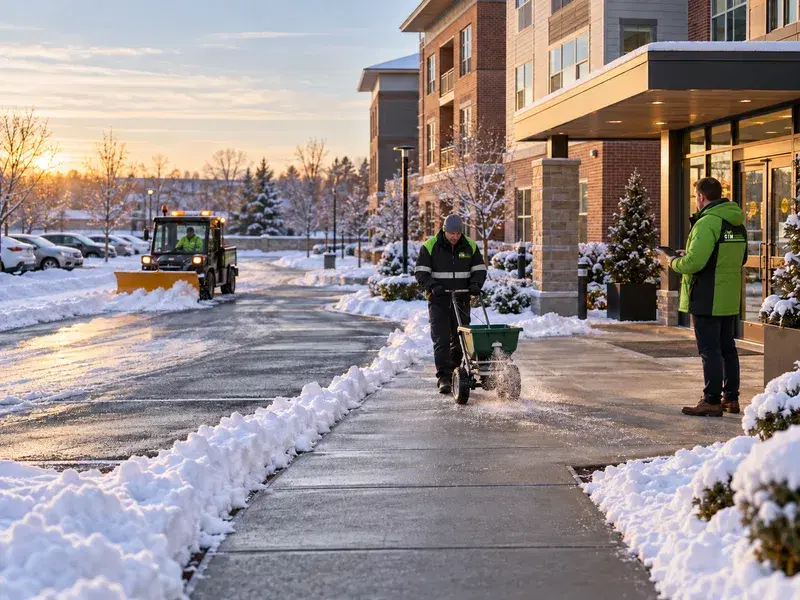 GIM Property Management crew plowing snow and salting walkways at a New England property at sunrise